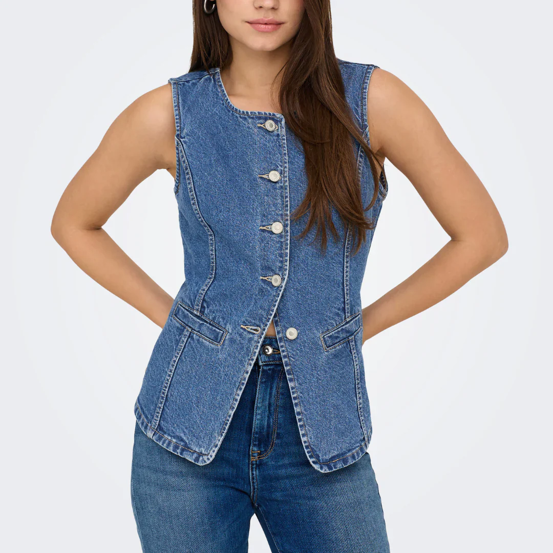 ONLGiulina S/L Button Vest Dnm Mae Medium Blue Denim - Image 2
