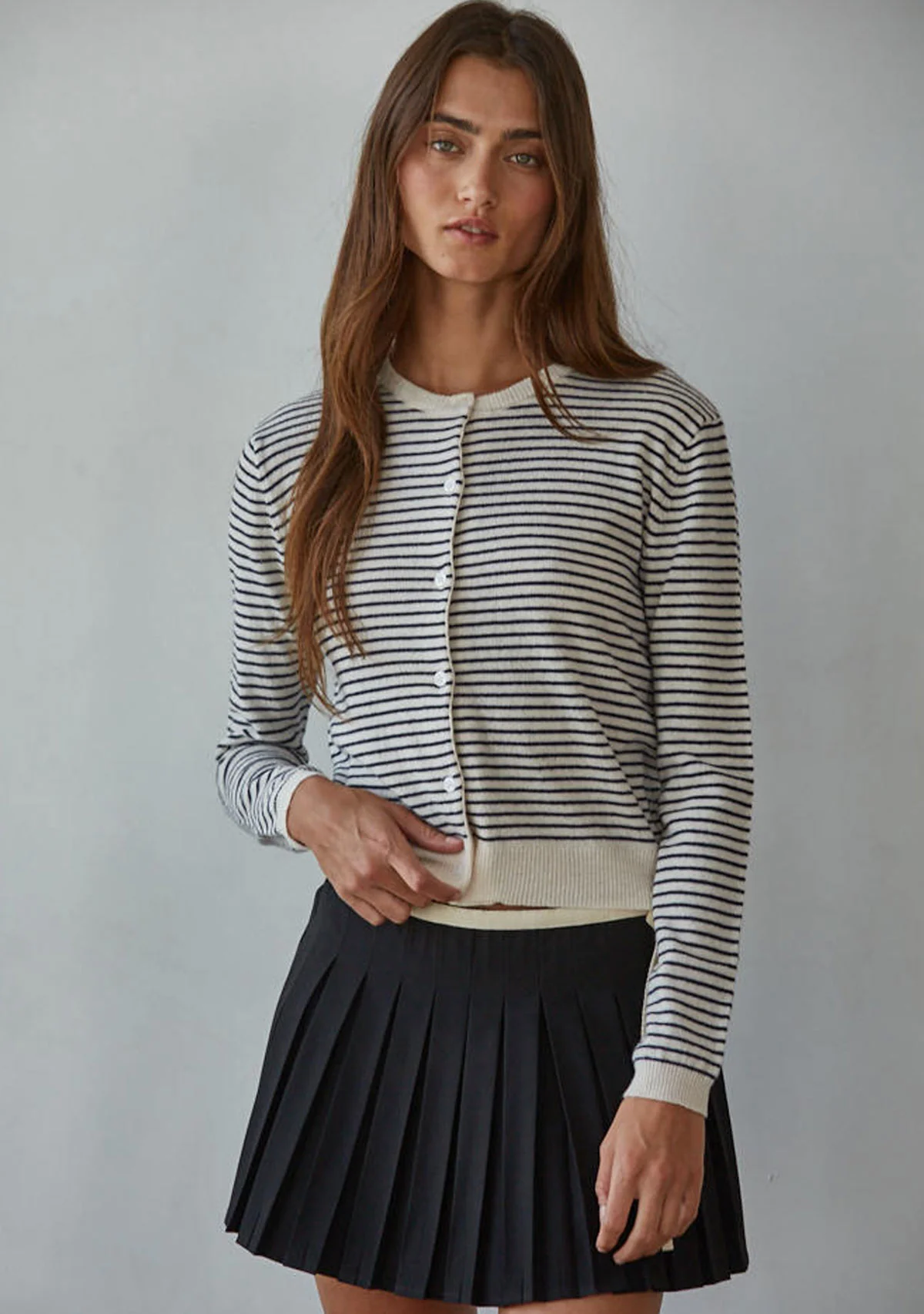 Parisen Striped Cardigan Top Natural Black - Image 2