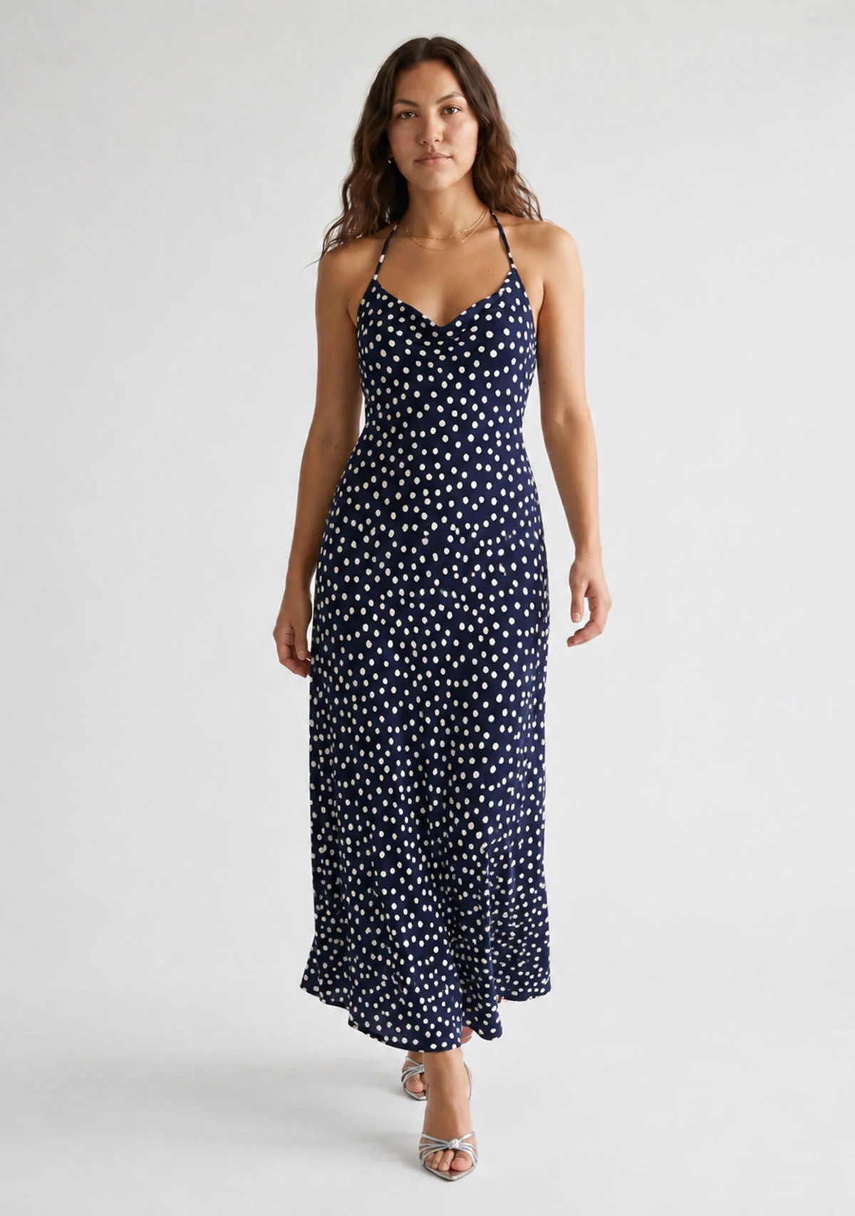 Polka Dot Maxi Dress With Halter Neck And Open Back Detail Navy/Ivory - Image 2
