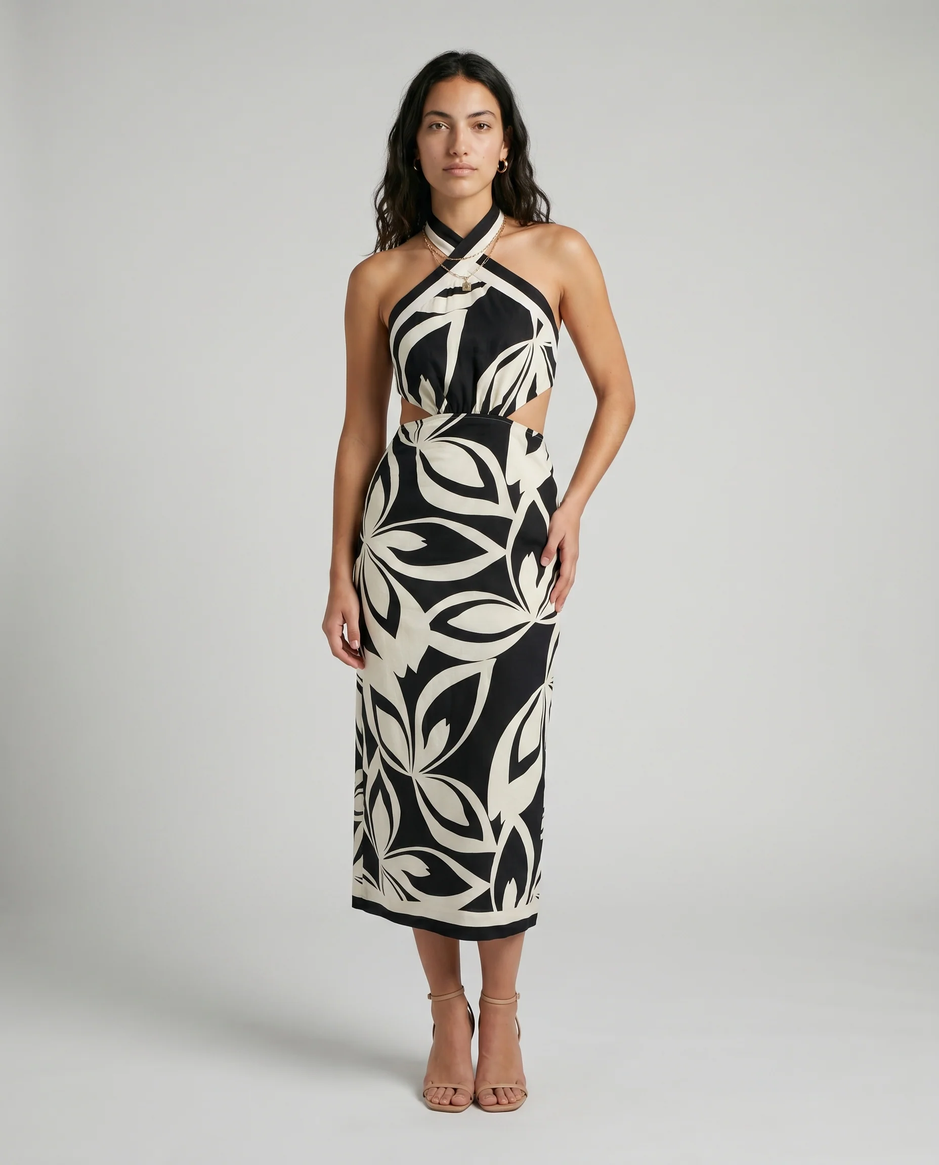 Printed Halter Neck Midi Dress Black