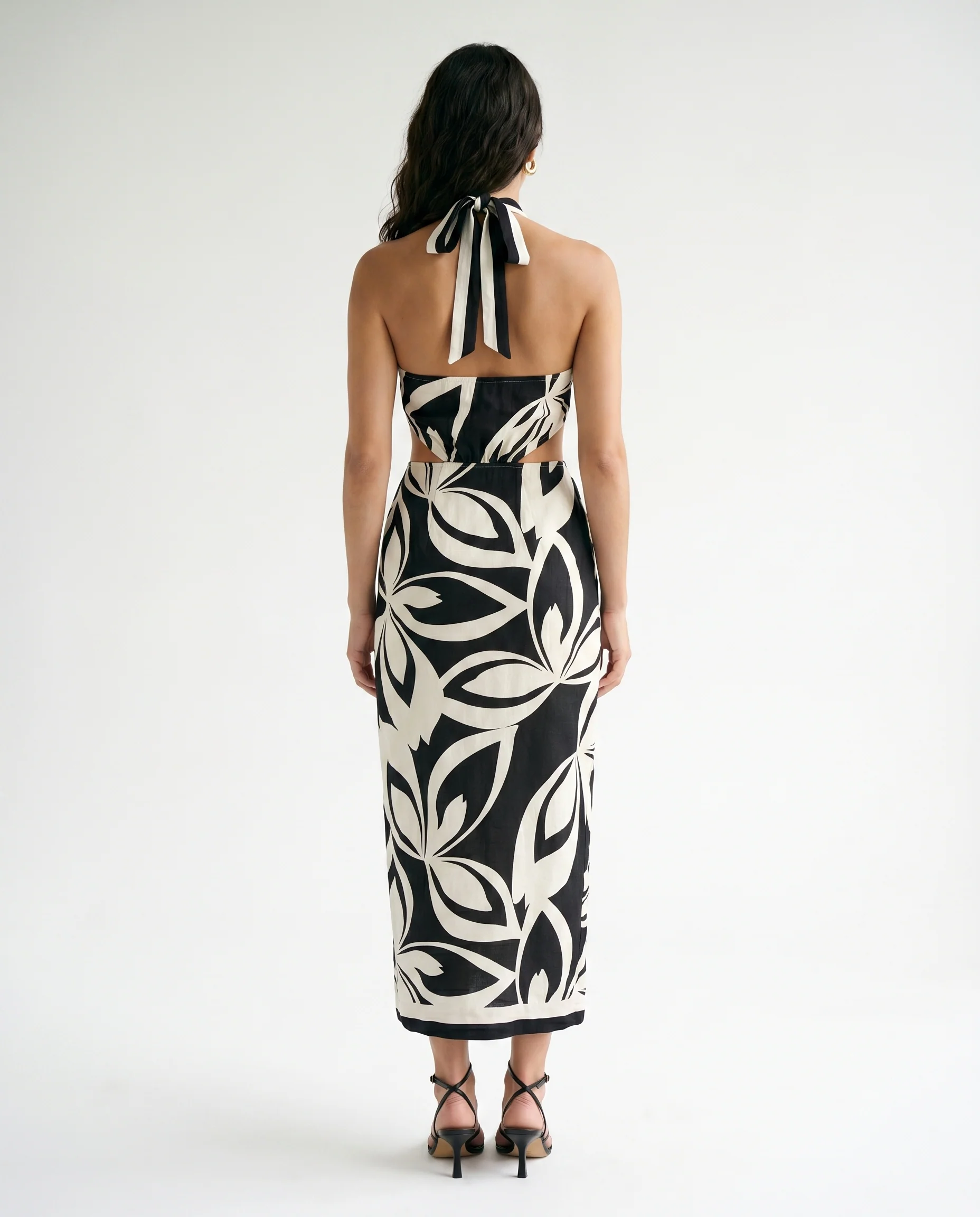 Printed Halter Neck Midi Dress Black - Image 9