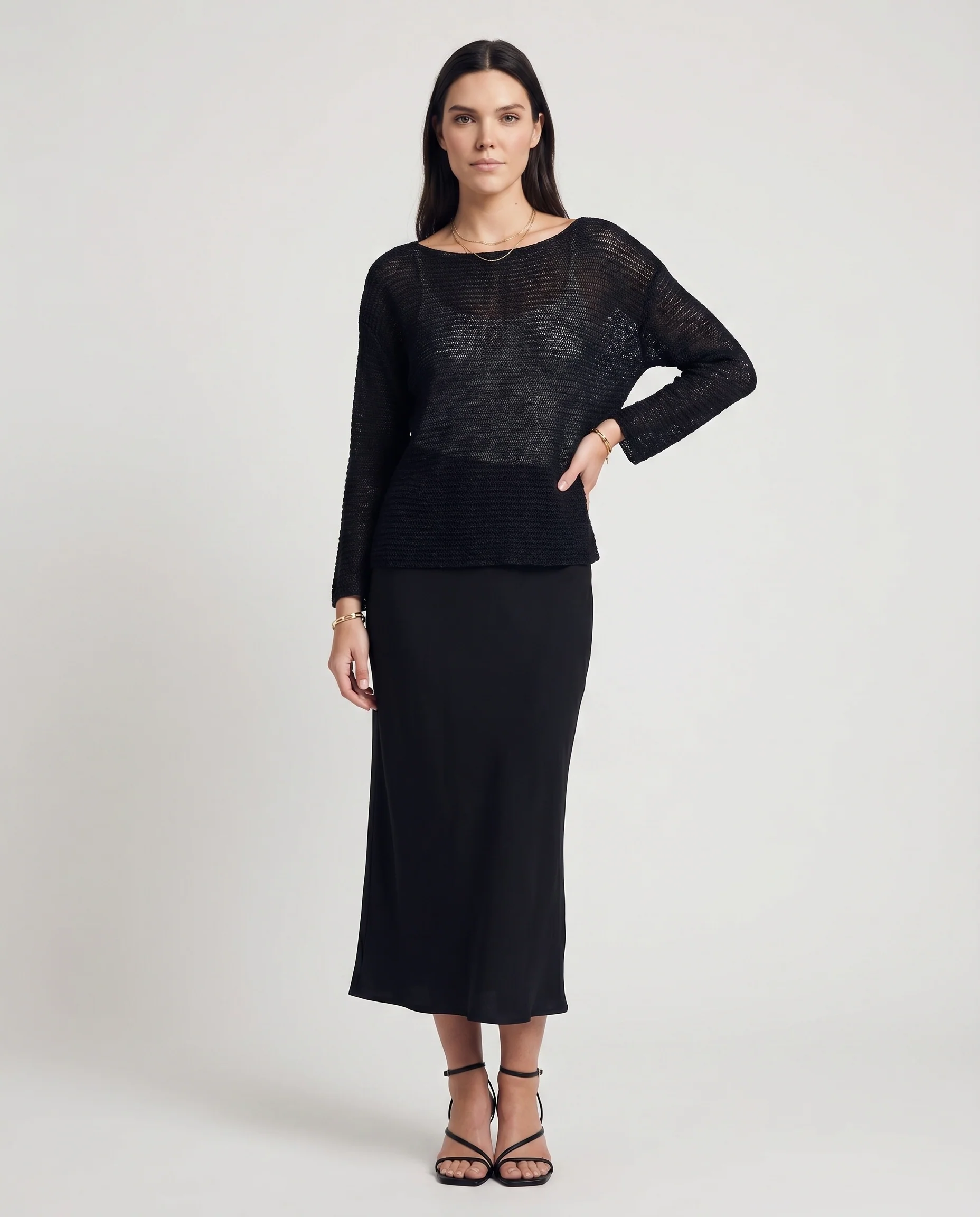 Sheer Open-Knit Long Sleeve Sweater Black
