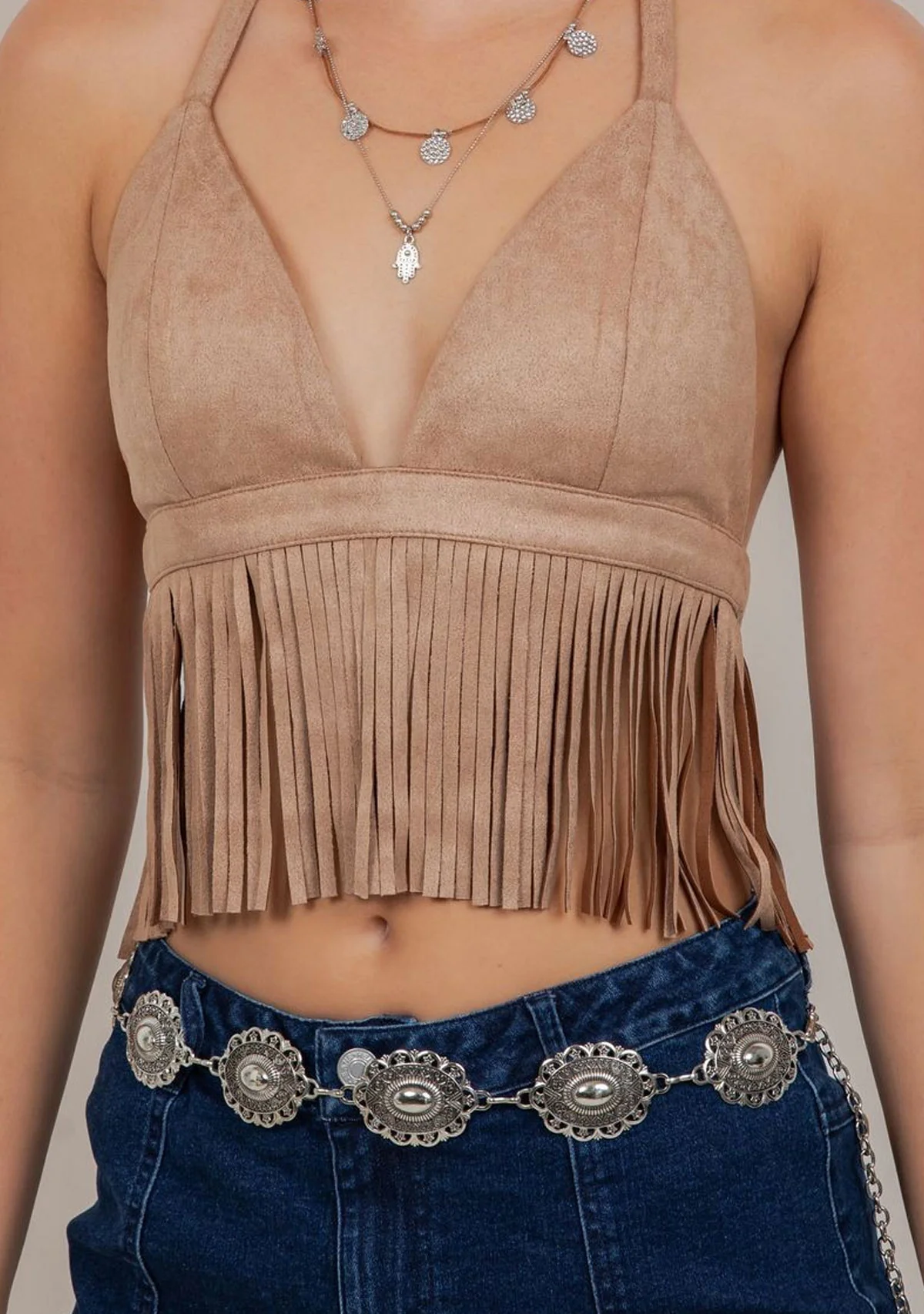 Short Fringe Halter Crop Top Tan - Image 3