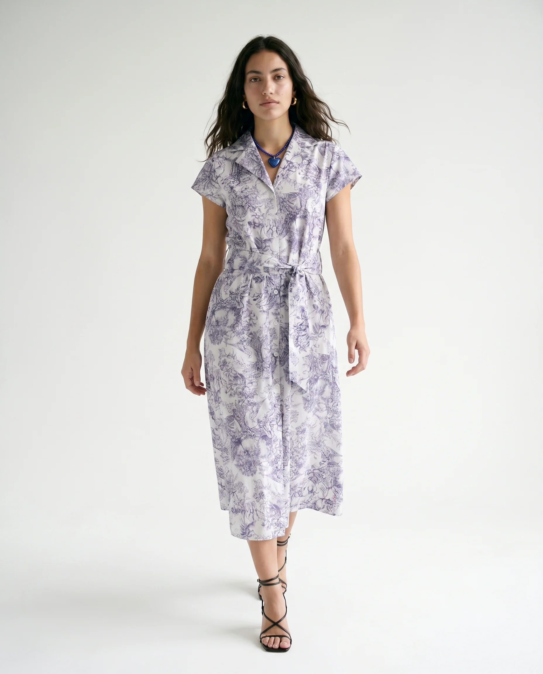 Short Sleeve Button Down Belted Midi Dress Ivory/Navy