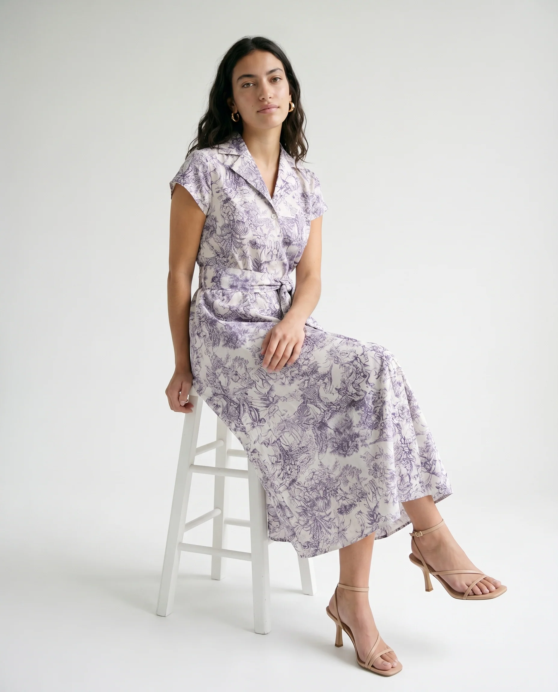 Short Sleeve Button Down Belted Midi Dress Ivory/Navy - Image 3