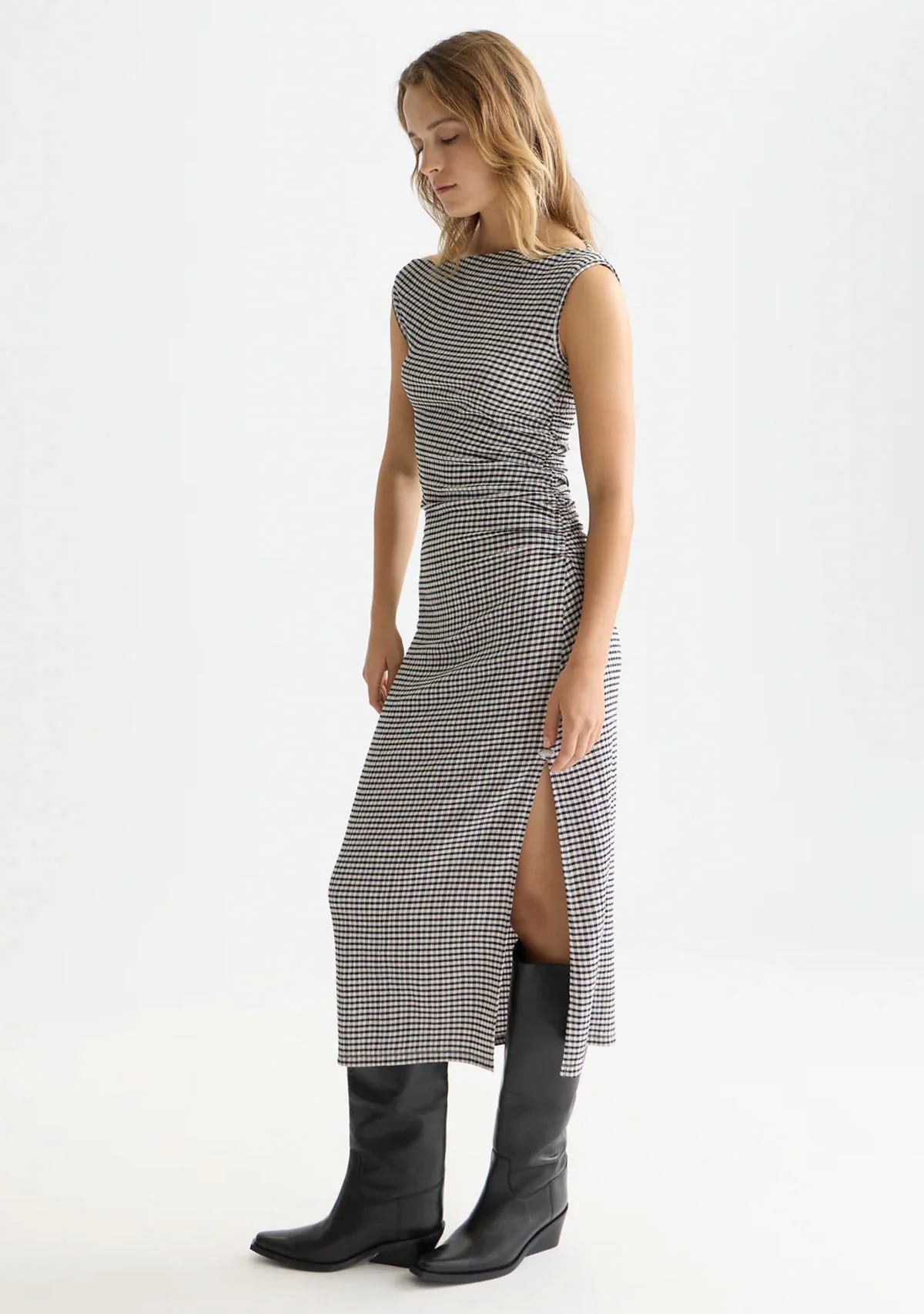 Structured Gingham Drapey Midi Dress Meteorite - Image 2