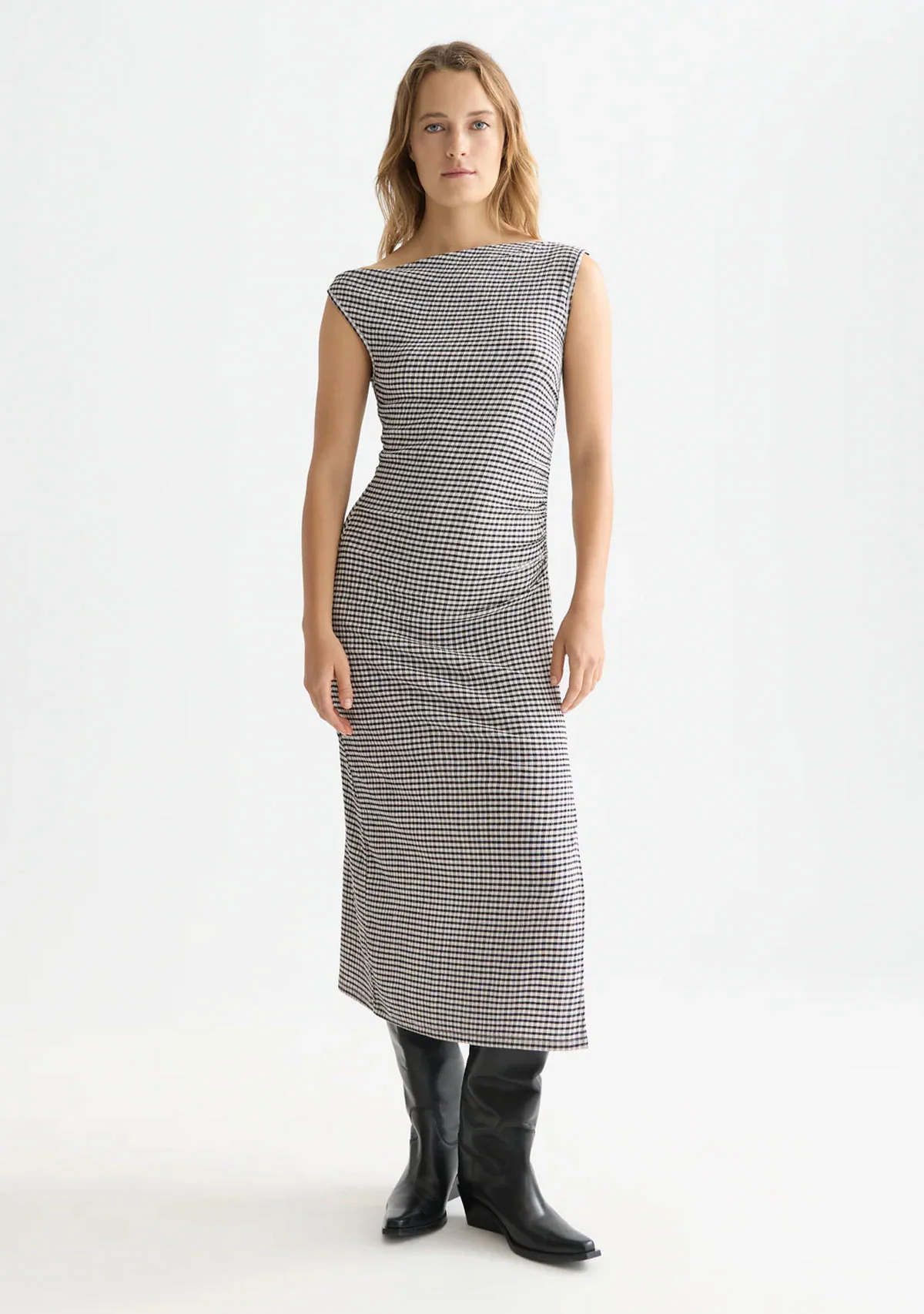 Structured Gingham Drapey Midi Dress Meteorite - Image 3