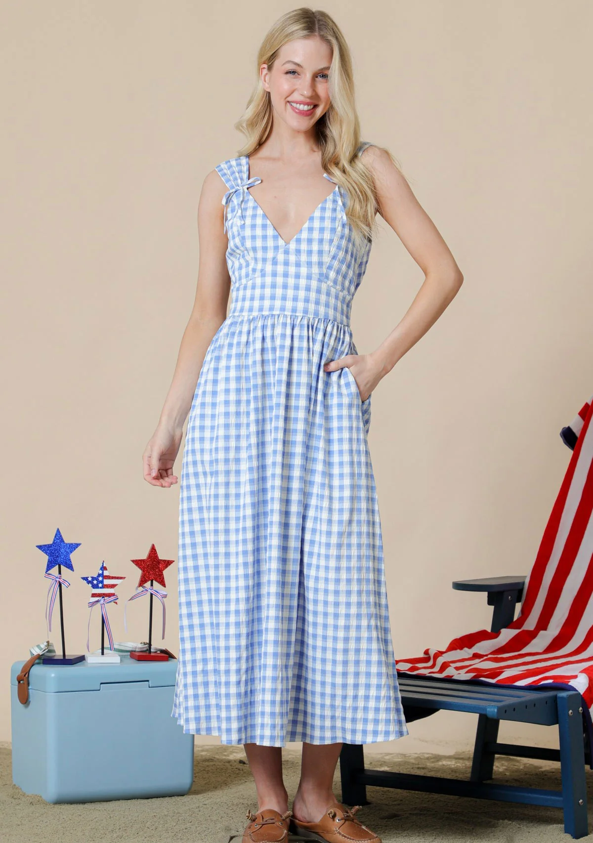 Textured Gingham Midi Dress With Front Ribbon Detail On Shoulder Blue - Image 2