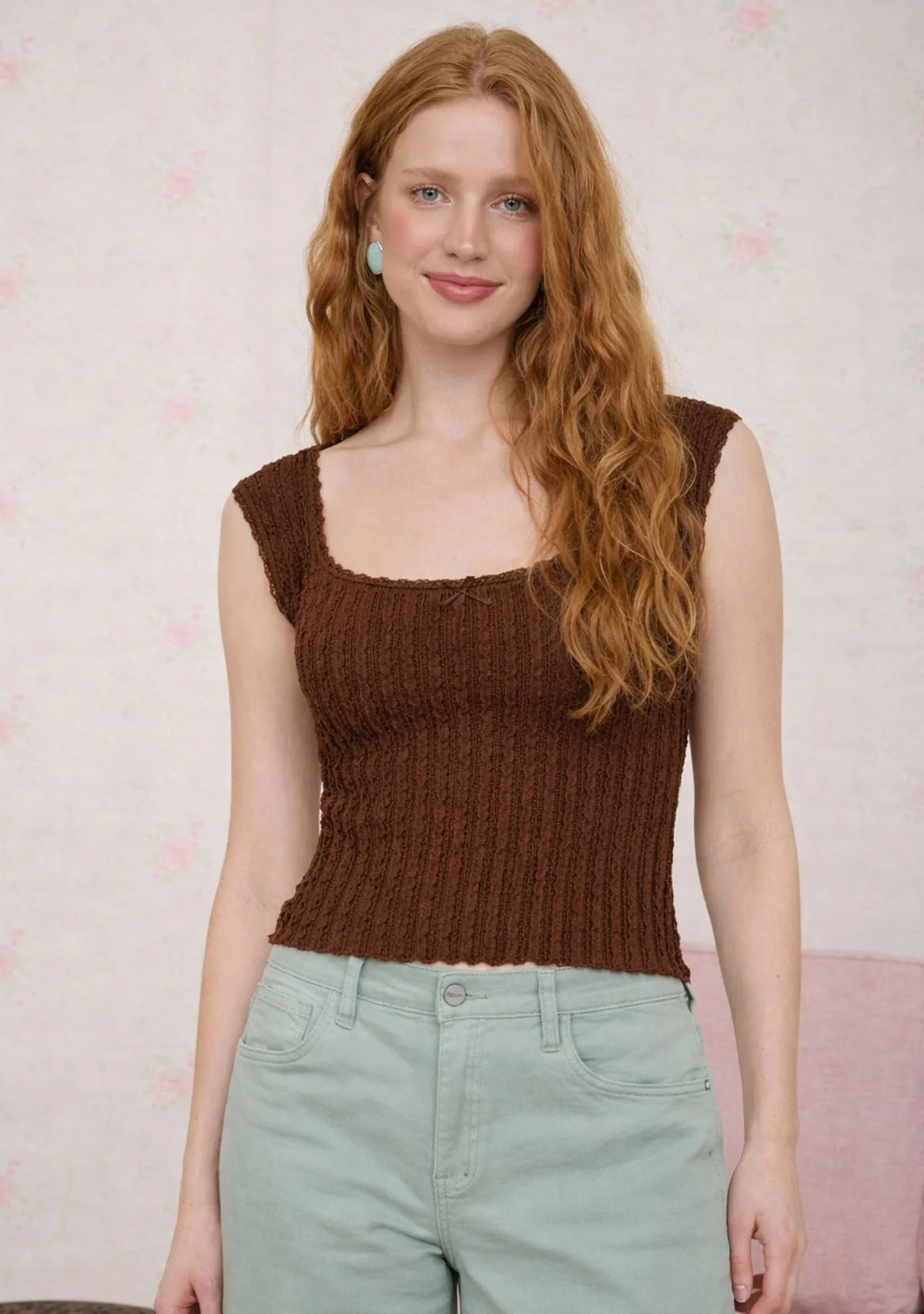 Textured Ribbed Pattern Short Sleeve Knit Top Brown