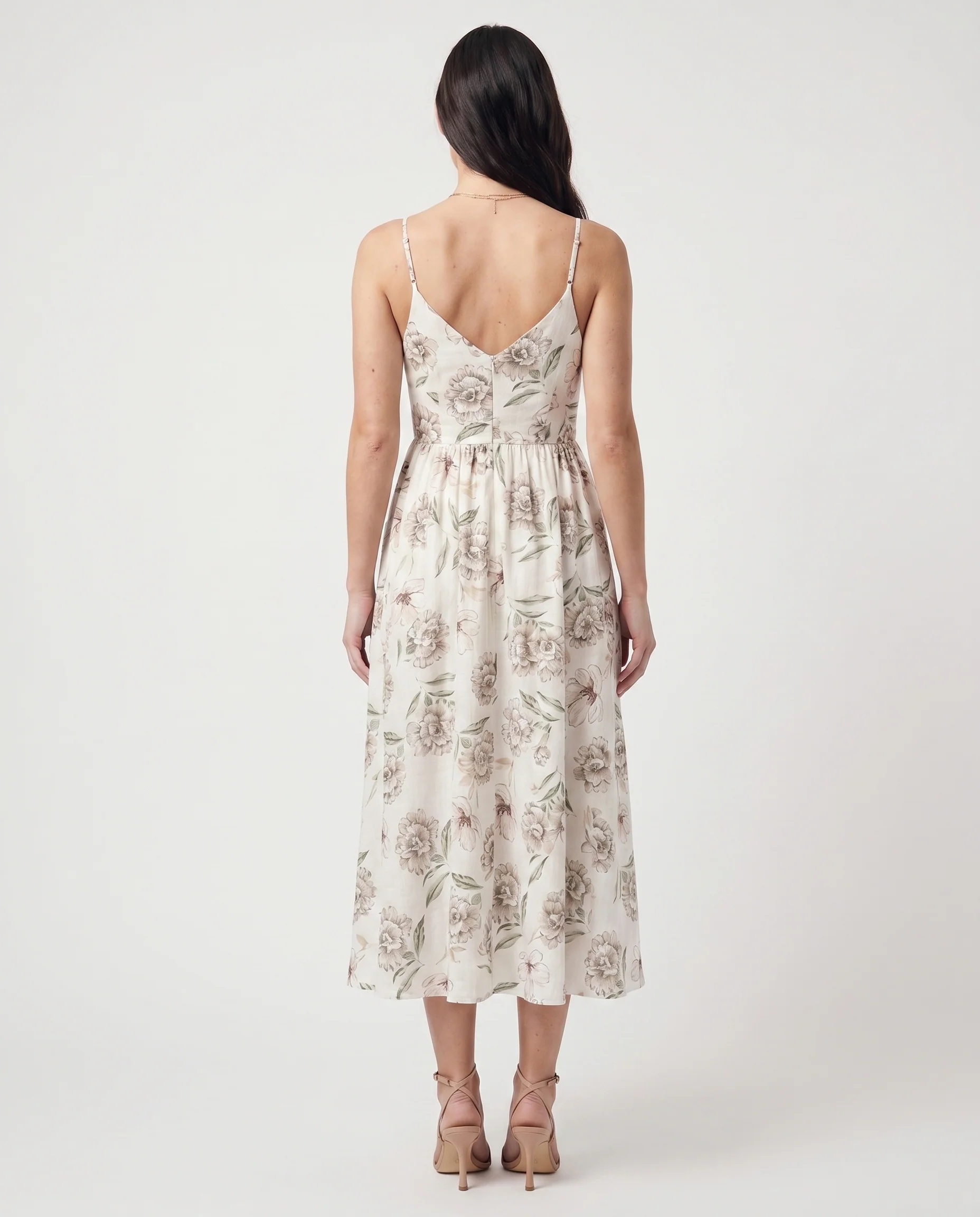 Thin Adjustable Strap Elastic Back Waisted Midi Dress Ivory/Green - Image 2
