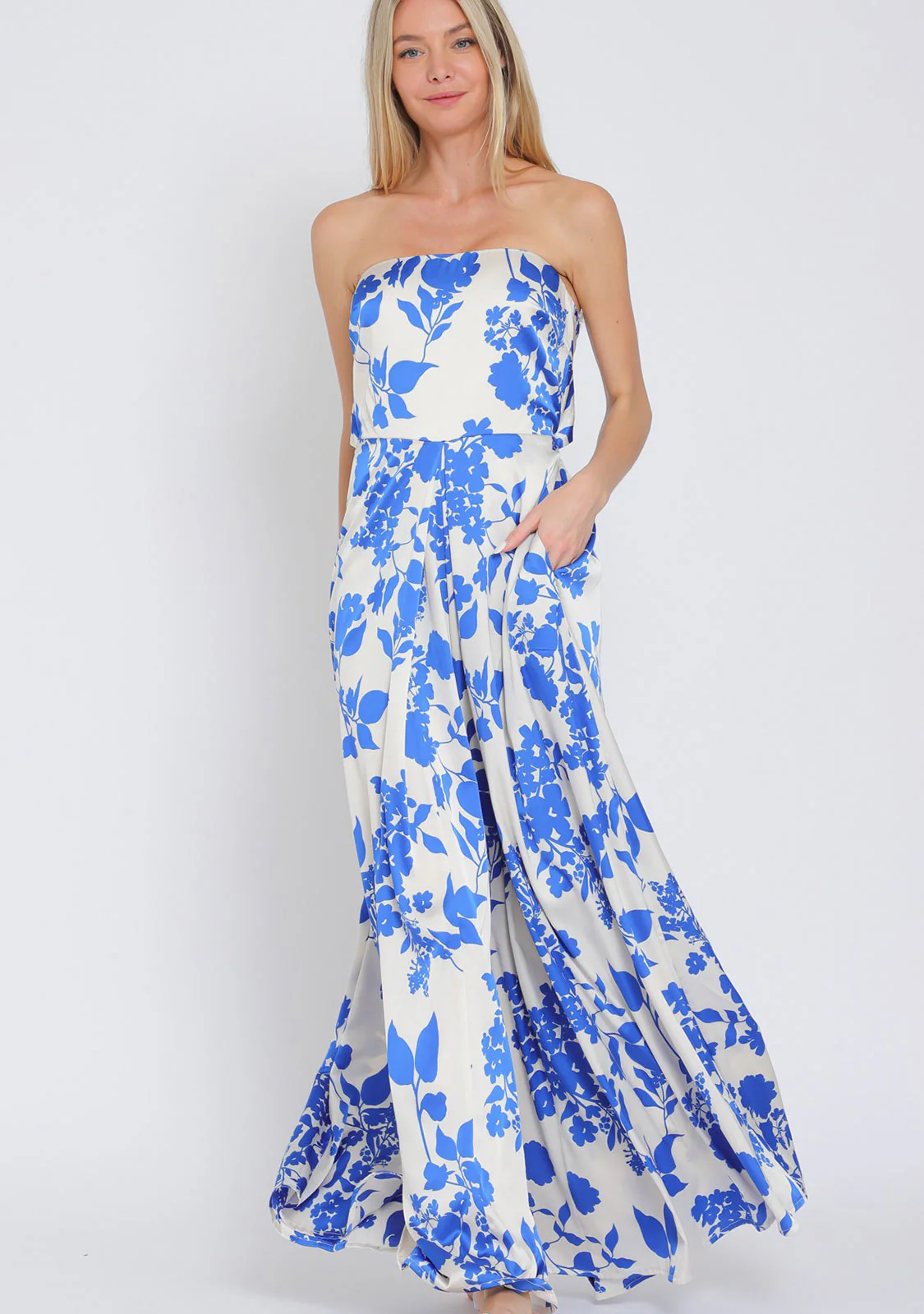 Tube Tie Back Chest Elastic Back Waisted Jumpsuit White/Blue - Image 2