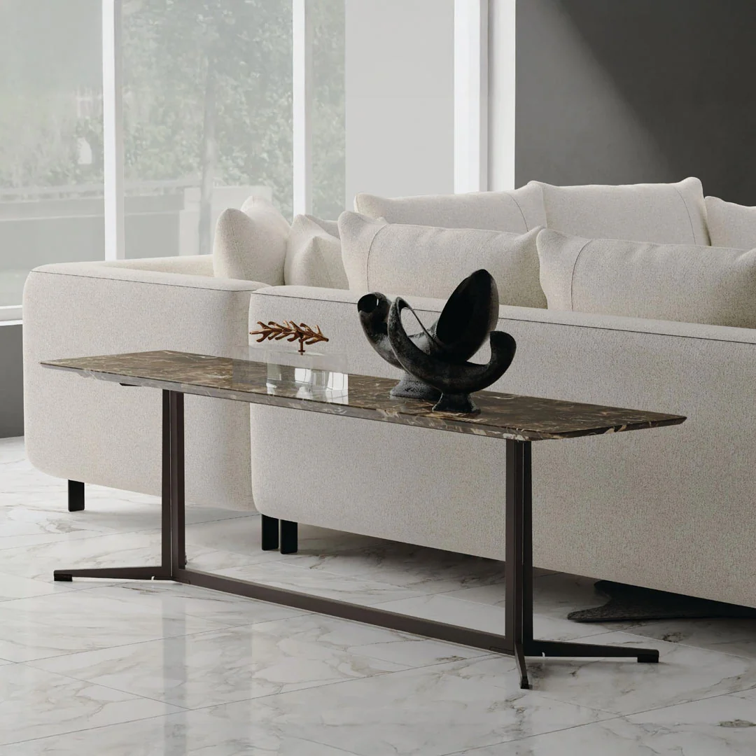 NAVAJO Sofa Table Brown Dark Emperador Marble Laser Cut Steel Legs - Image 2