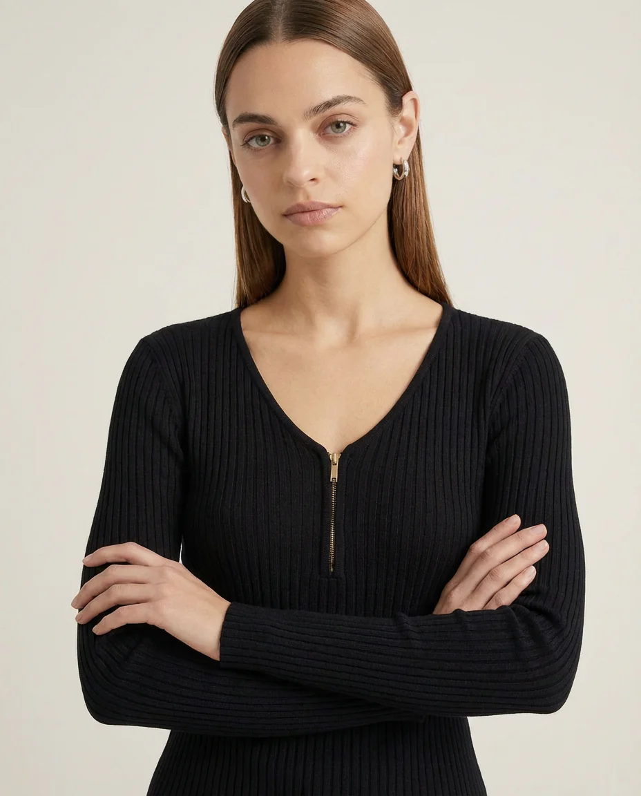 Zip Front Fitted Long Sleeve Top Black