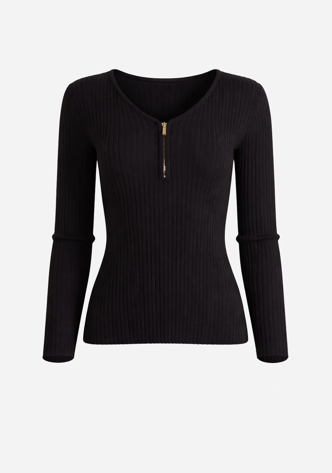 Zip Front Fitted Long Sleeve Top Black - Image 6